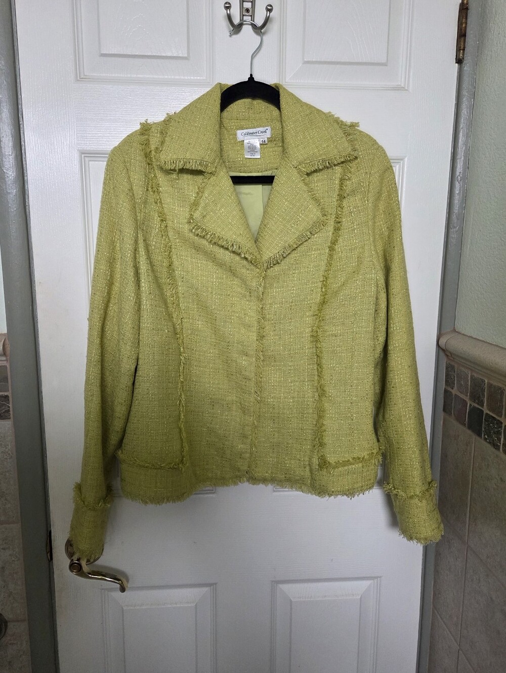 Coldwater Creek Lime Yellowish Tweed HEMP Fringe Button Up Blazer Office Size 14